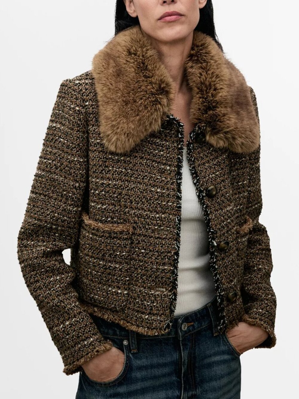 NWT MANGO Women's Fur Collar Tweed Jacket in Brown, Size XS, $200 Retail